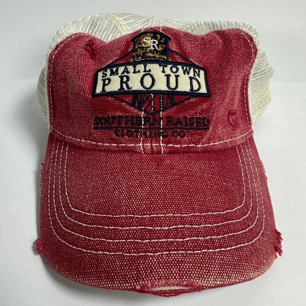 Southern Raised Small Town Proud Trucker Hat Red White Mesh Distressed‎ Kitsch